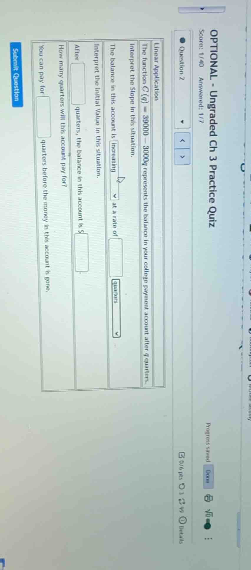 optional - ungraded ch 3 practice quiz score: 1/40 answered: 1/7 questi…