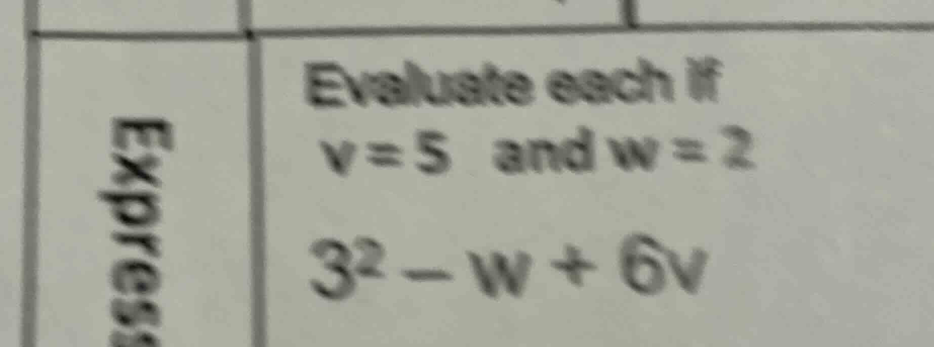 evaluate each if $v=5$ and $w=2$ $3^2 - w + 6v$ express