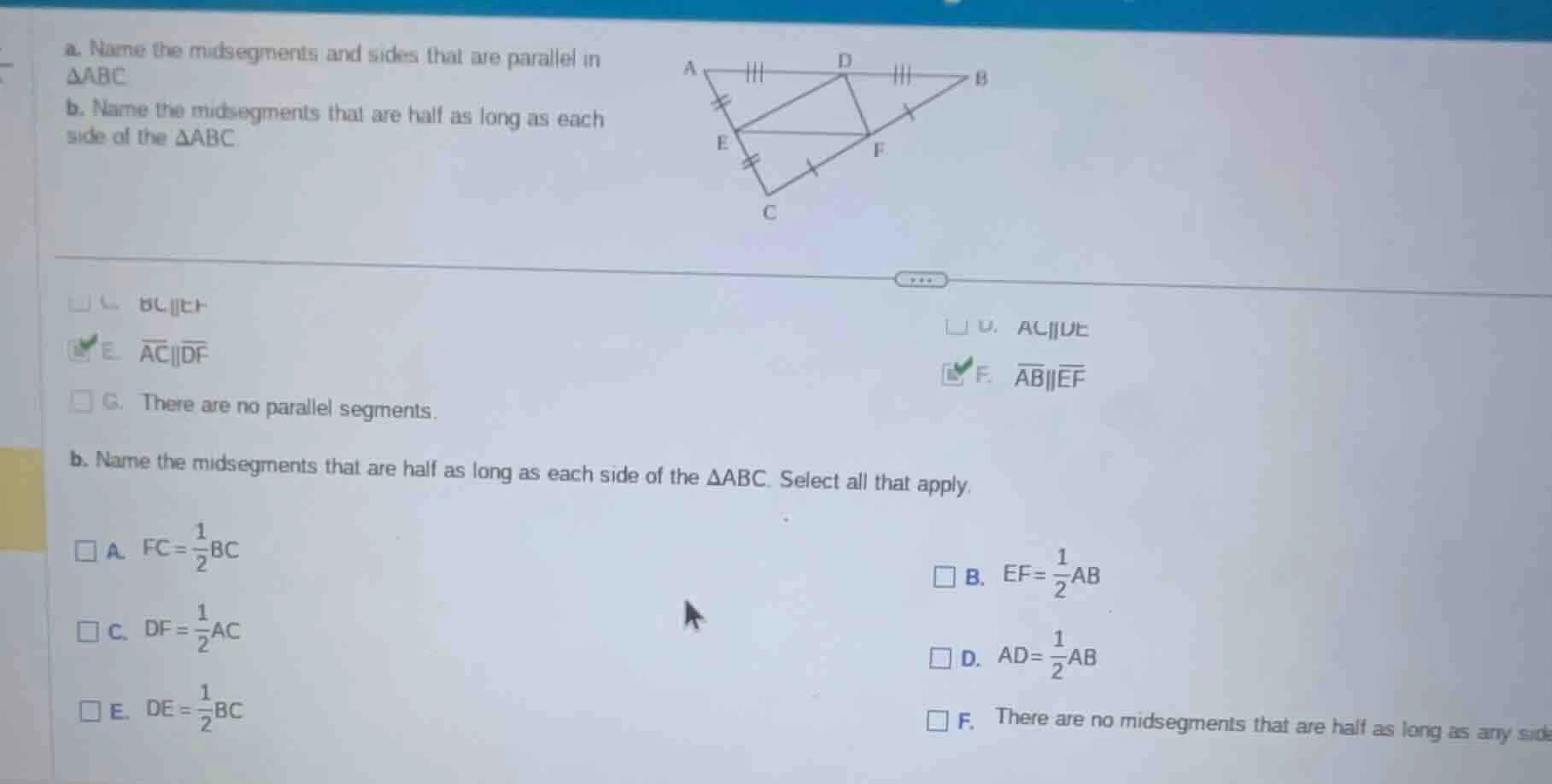 a. name the midsegments and sides that are parallel in $\triangle abc$ …
