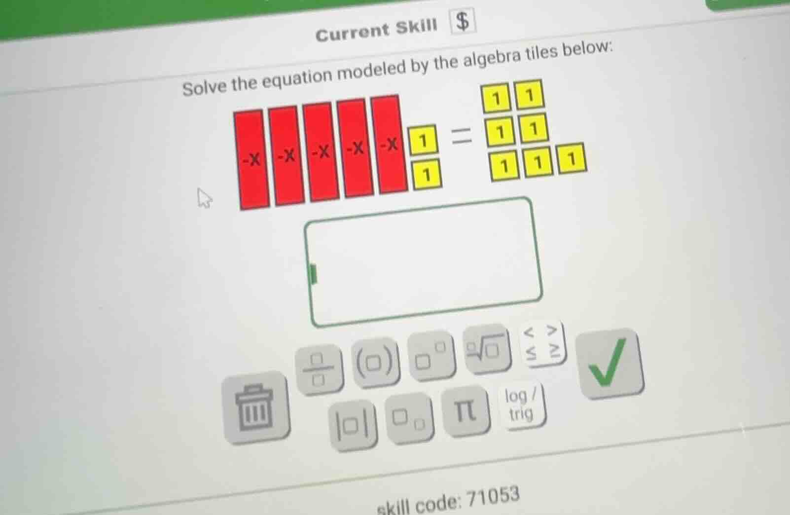 current skill $ solve the equation modeled by the algebra tiles below: …