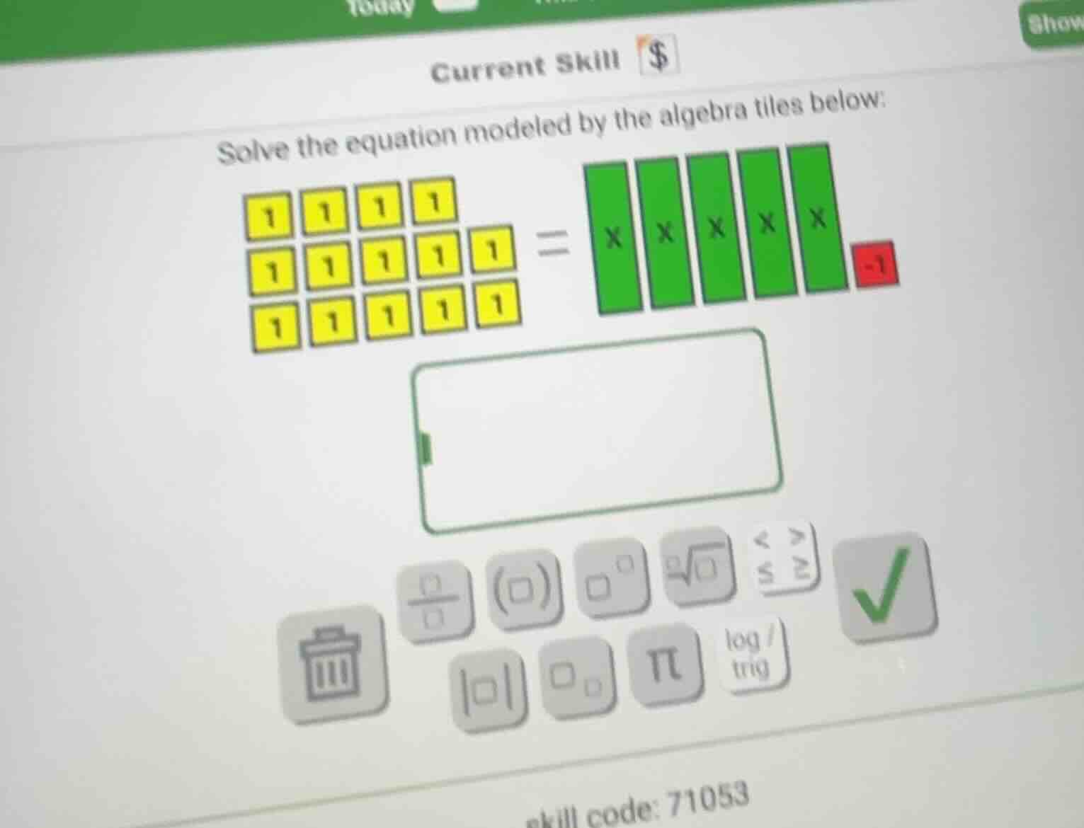 current skill $solve the equation modeled by the algebra tiles below:1+…