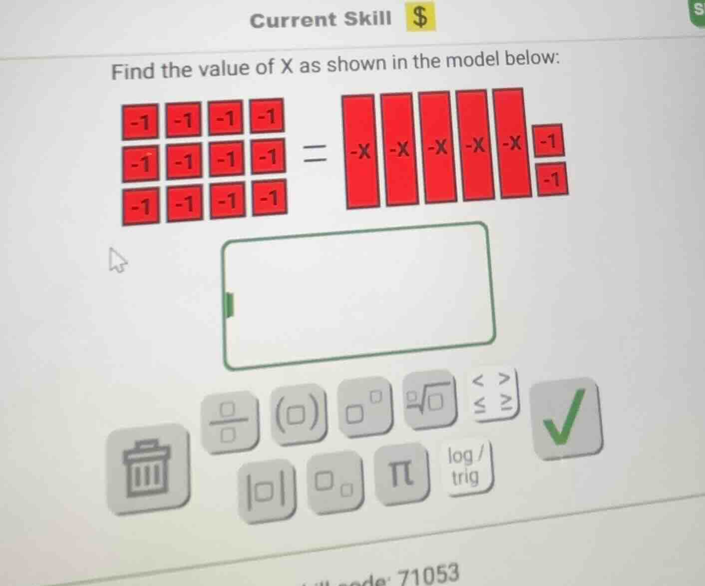 current skill $find the value of x as shown in the model below:-1 -1 -1…