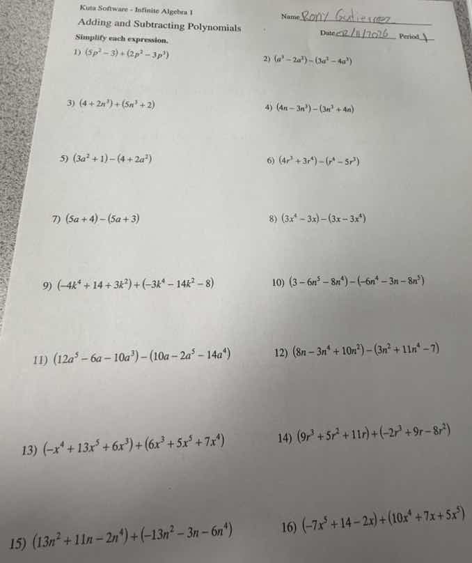 kuta software - infinite algebra 1 name: adding and subtracting polynom…
