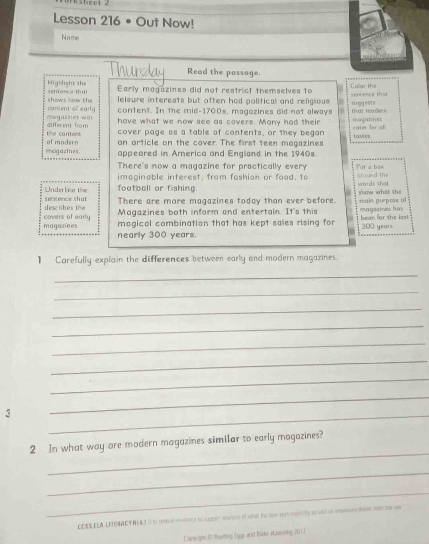 worksheet 2 lesson 216 • out now! name thursday read the passage. highl…