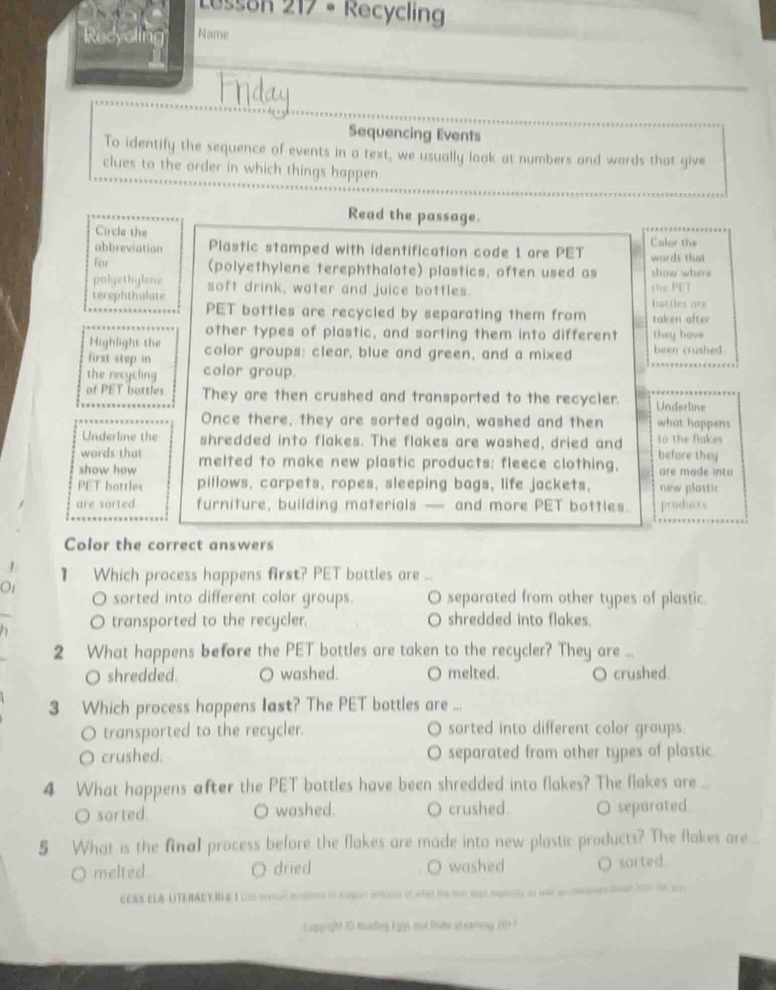 lesson 217 • recycling name friday sequencing events to identify the se…