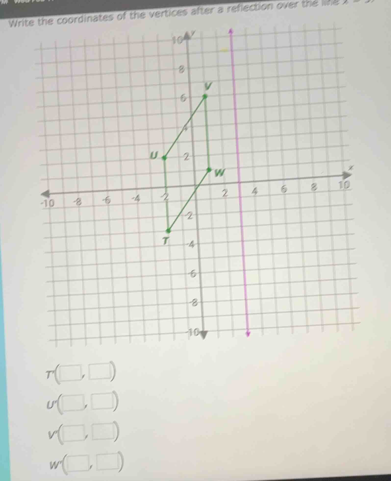 write the coordinates of the vertices after a reflection over the line …