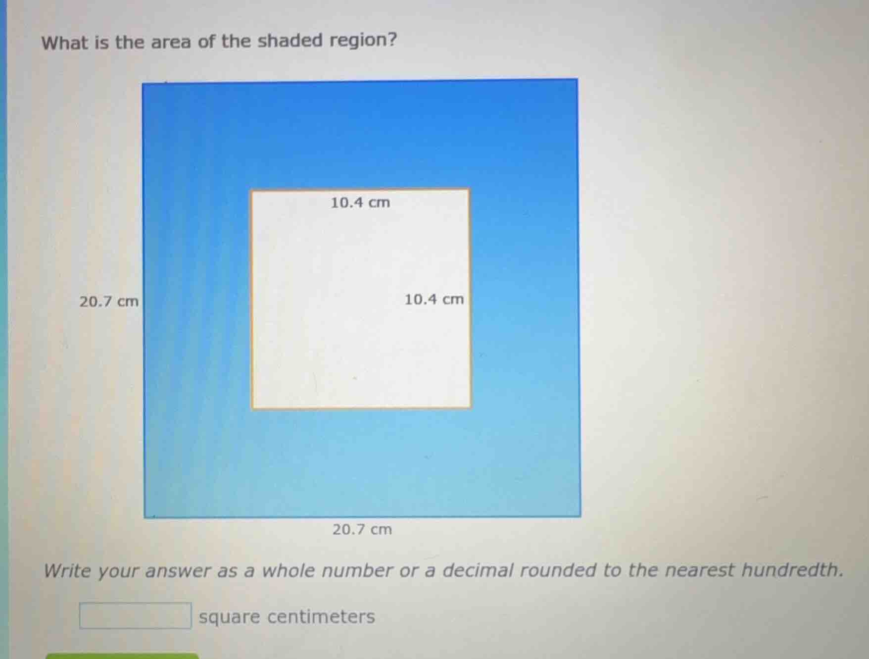 what is the area of the shaded region? 20.7 cm 10.4 cm 10.4 cm 20.7 cm …