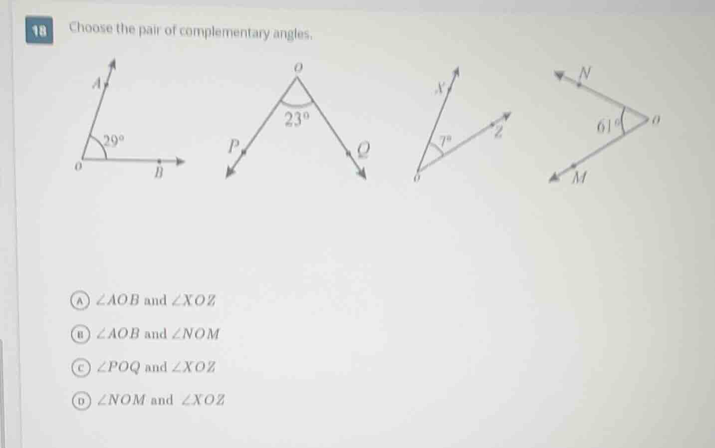 18 choose the pair of complementary angles.$angle aob = 29^circ$, $angl…