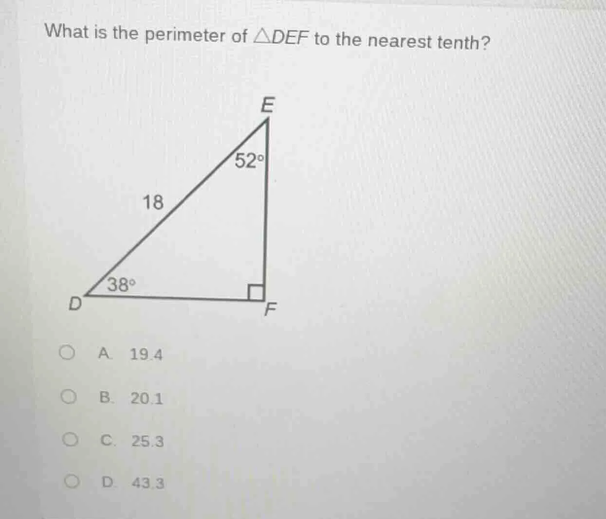what is the perimeter of $\triangle def$ to the nearest tenth?a. 19.4b.…
