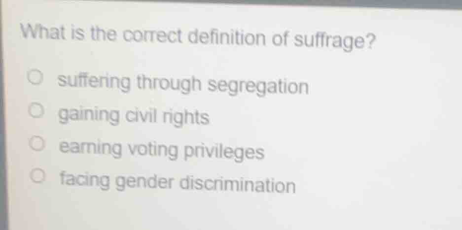 what is the correct definition of suffrage?○ suffering through segregat…