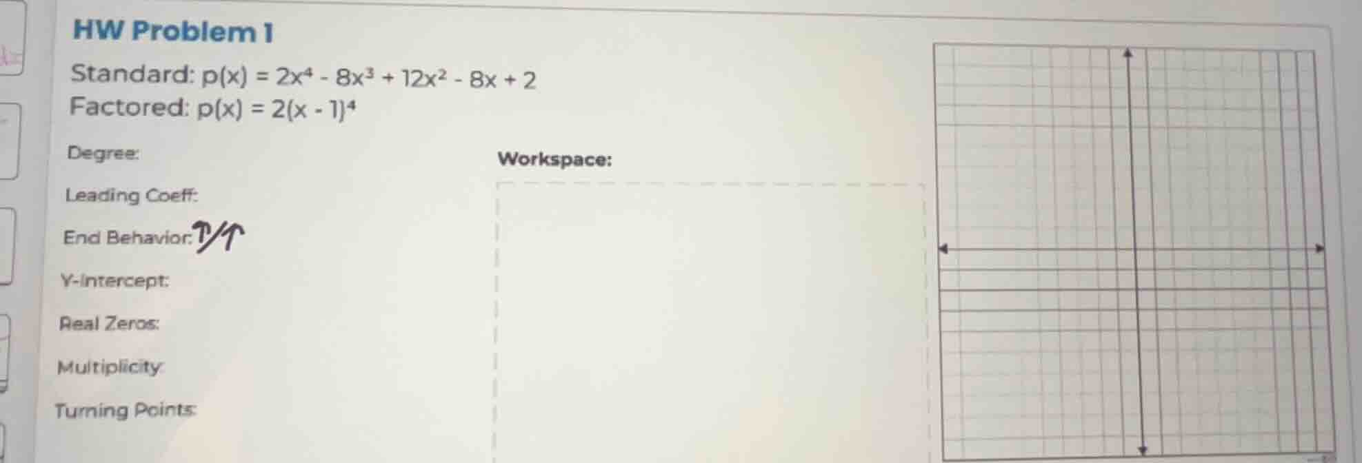 hw problem 1 standard: $p(x) = 2x^4 - 8x^3 + 12x^2 - 8x + 2$ factored: …