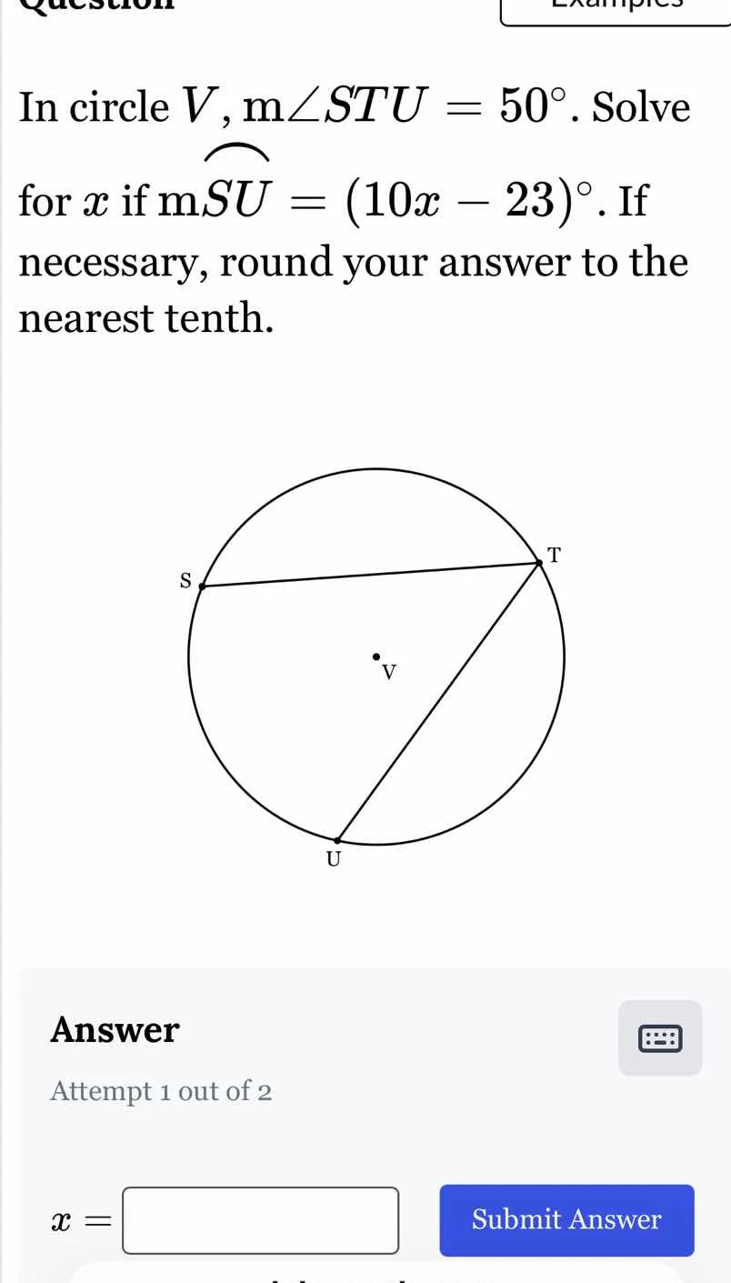 question examples in circle $v$, $m\\angle stu = 50^\\circ$. solve for …
