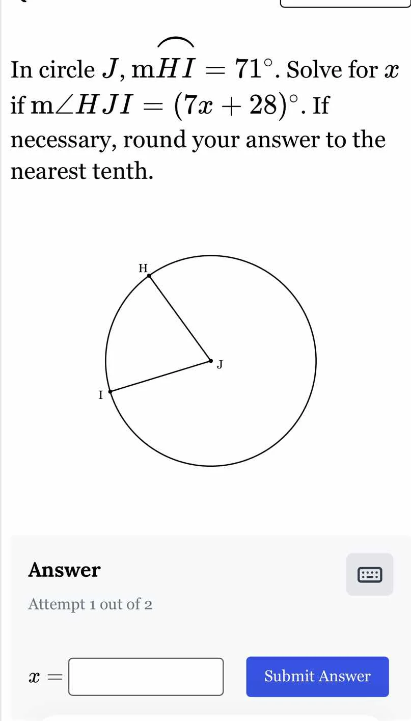 in circle $j$, $mathrm{m}overset{\frown}{hi} = 71^{circ}$. solve for $x…