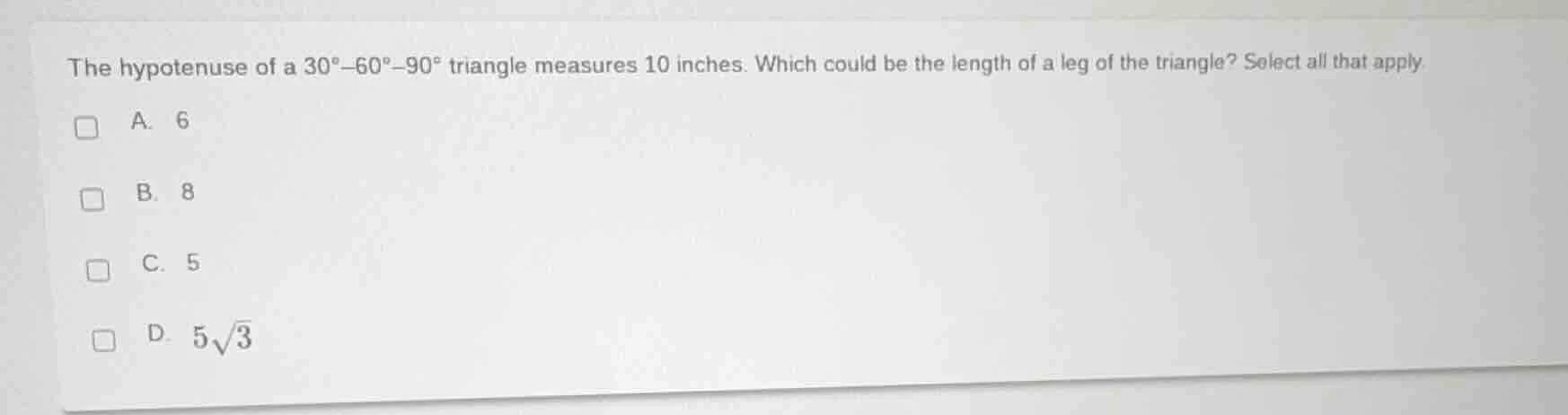 the hypotenuse of a $30^\\circ$-$60^\\circ$-$90^\\circ$ triangle measur…