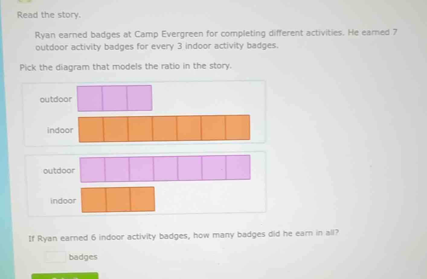 read the story. ryan earned badges at camp evergreen for completing dif…