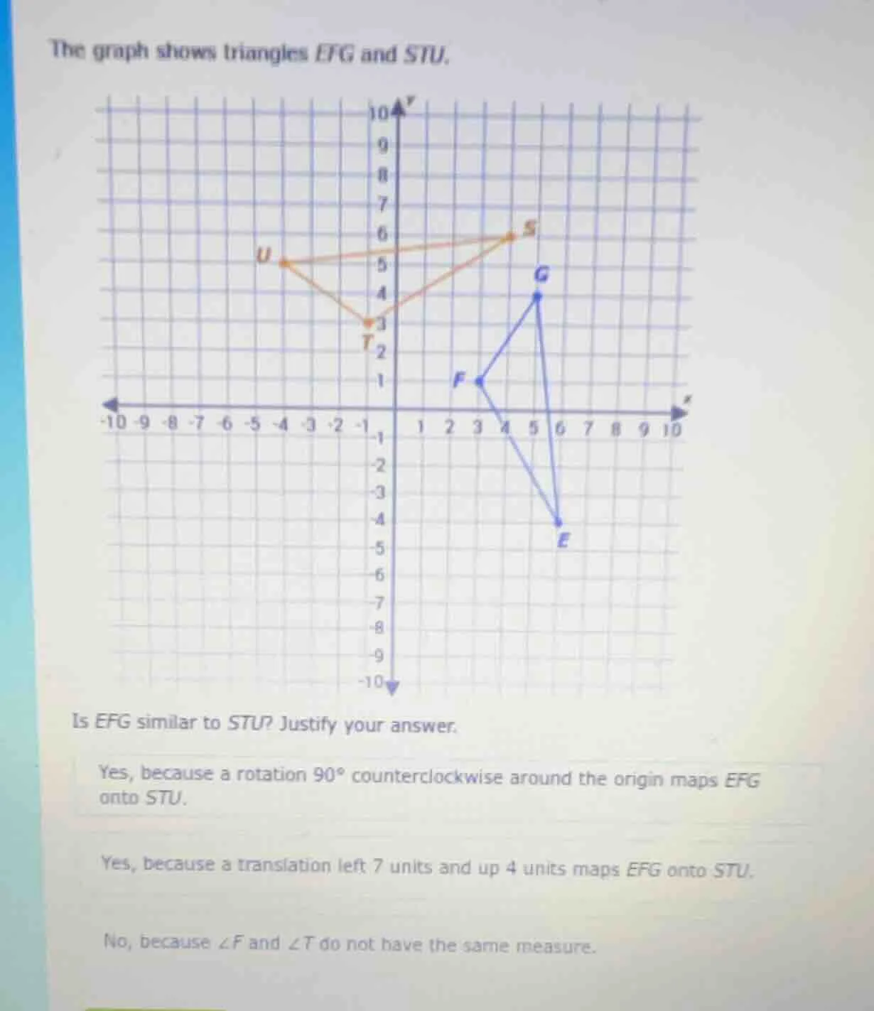 the graph shows triangles efg and stu. is efg similar to stu? justify y…
