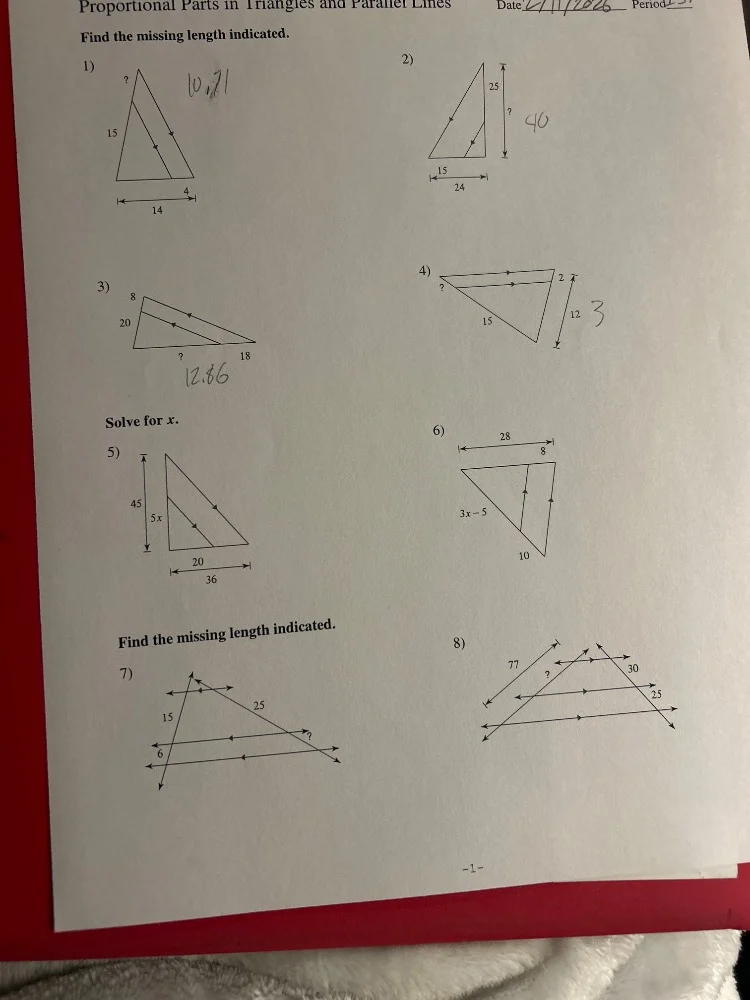 proportional parts in triangles and parallel lines date: period:find th…