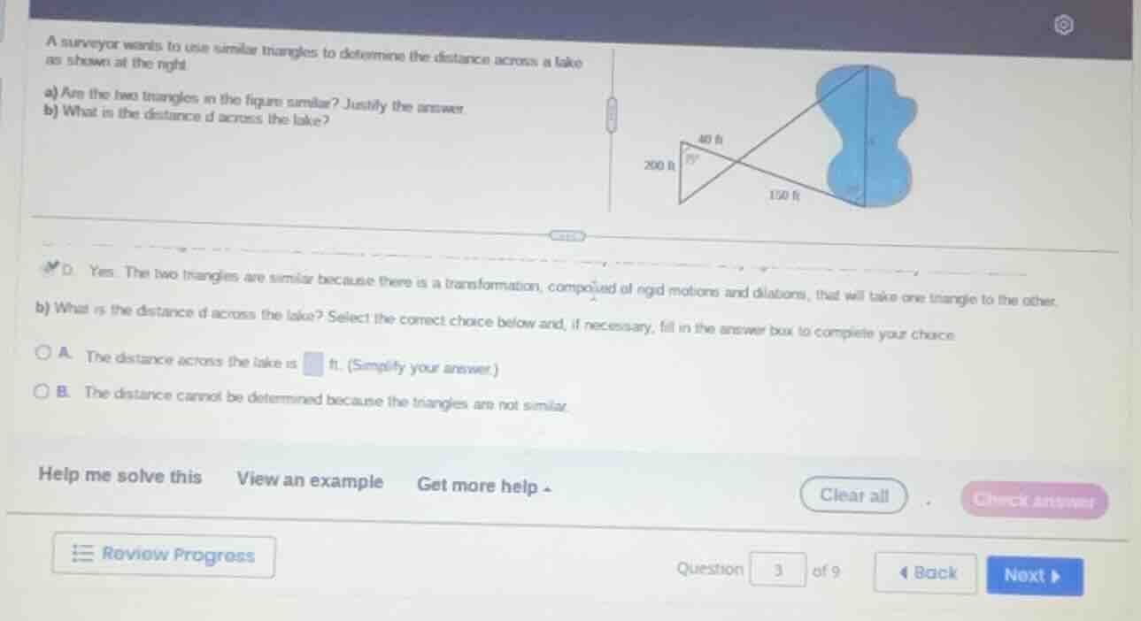 a surveyor wants to use similar triangles to determine the distance acr…