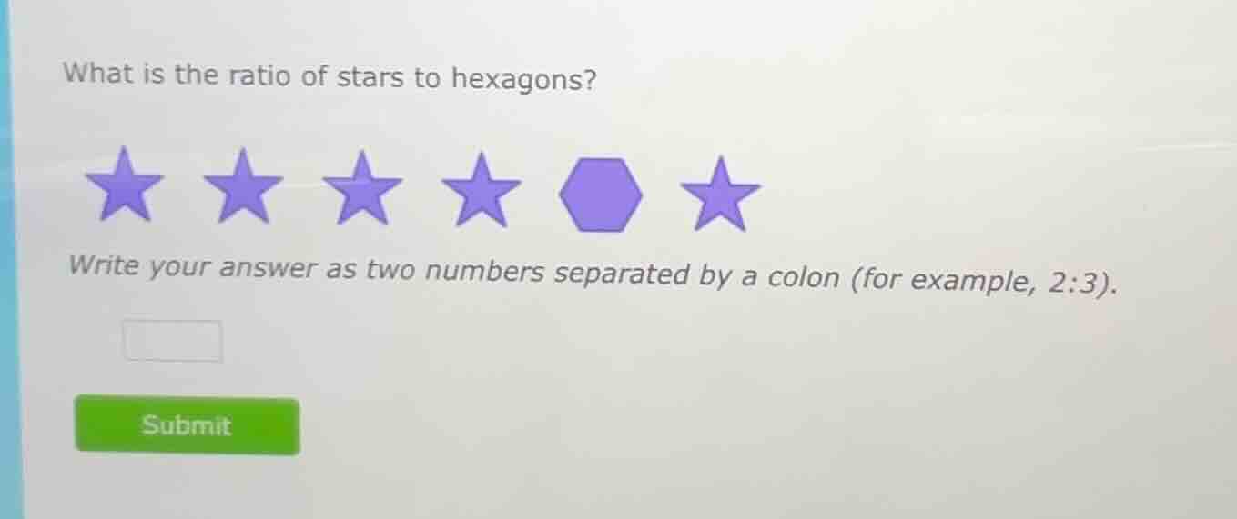 what is the ratio of stars to hexagons? write your answer as two number…