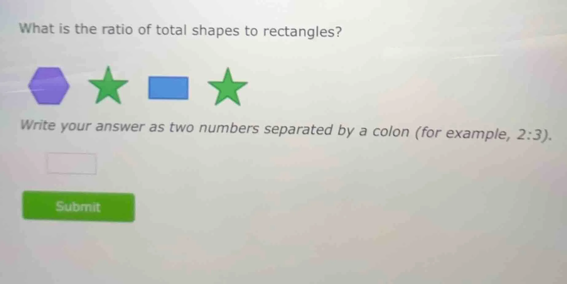 what is the ratio of total shapes to rectangles? write your answer as t…
