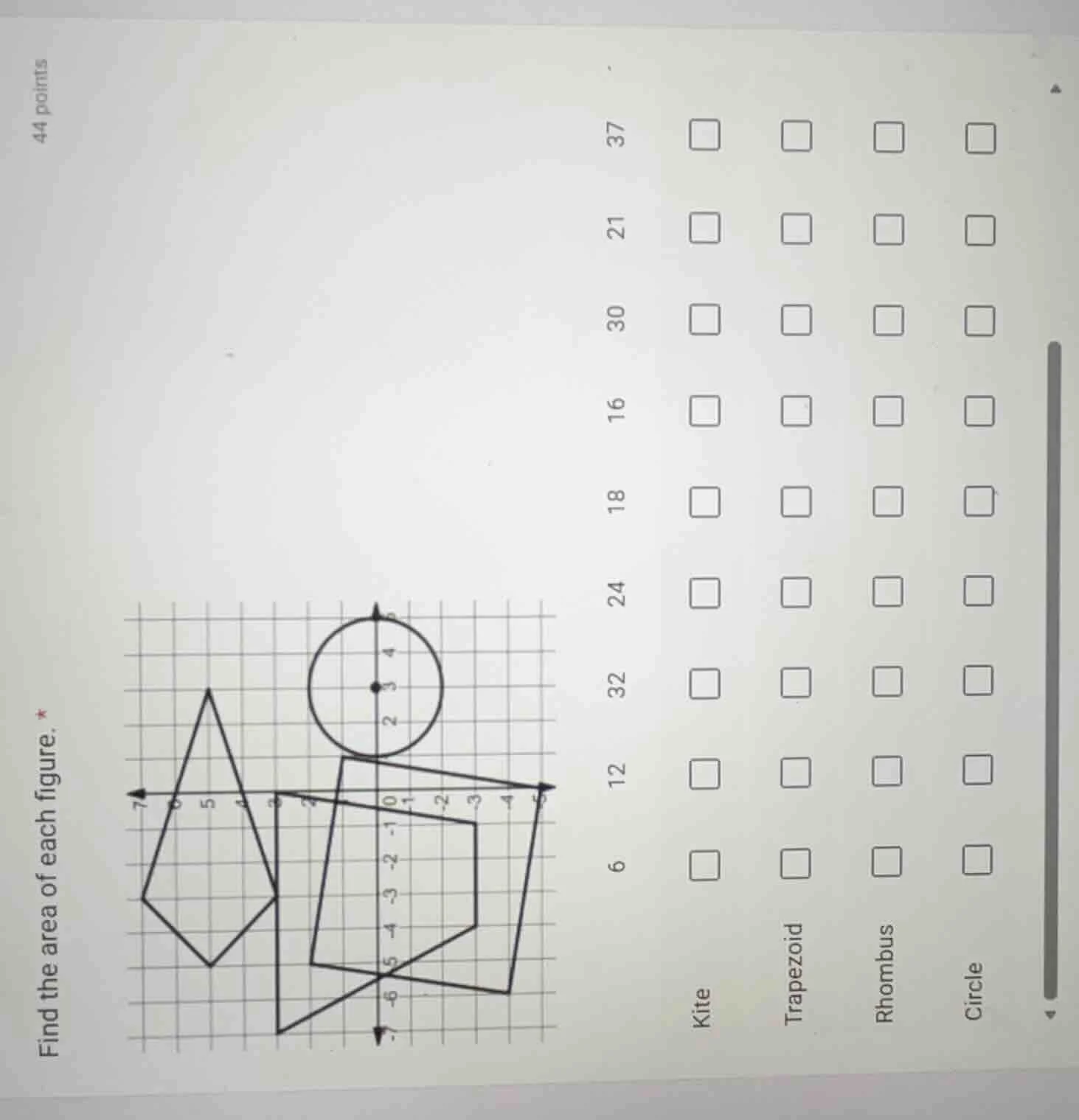 44 points find the area of each figure. * kite trapezoid rhombus circle…