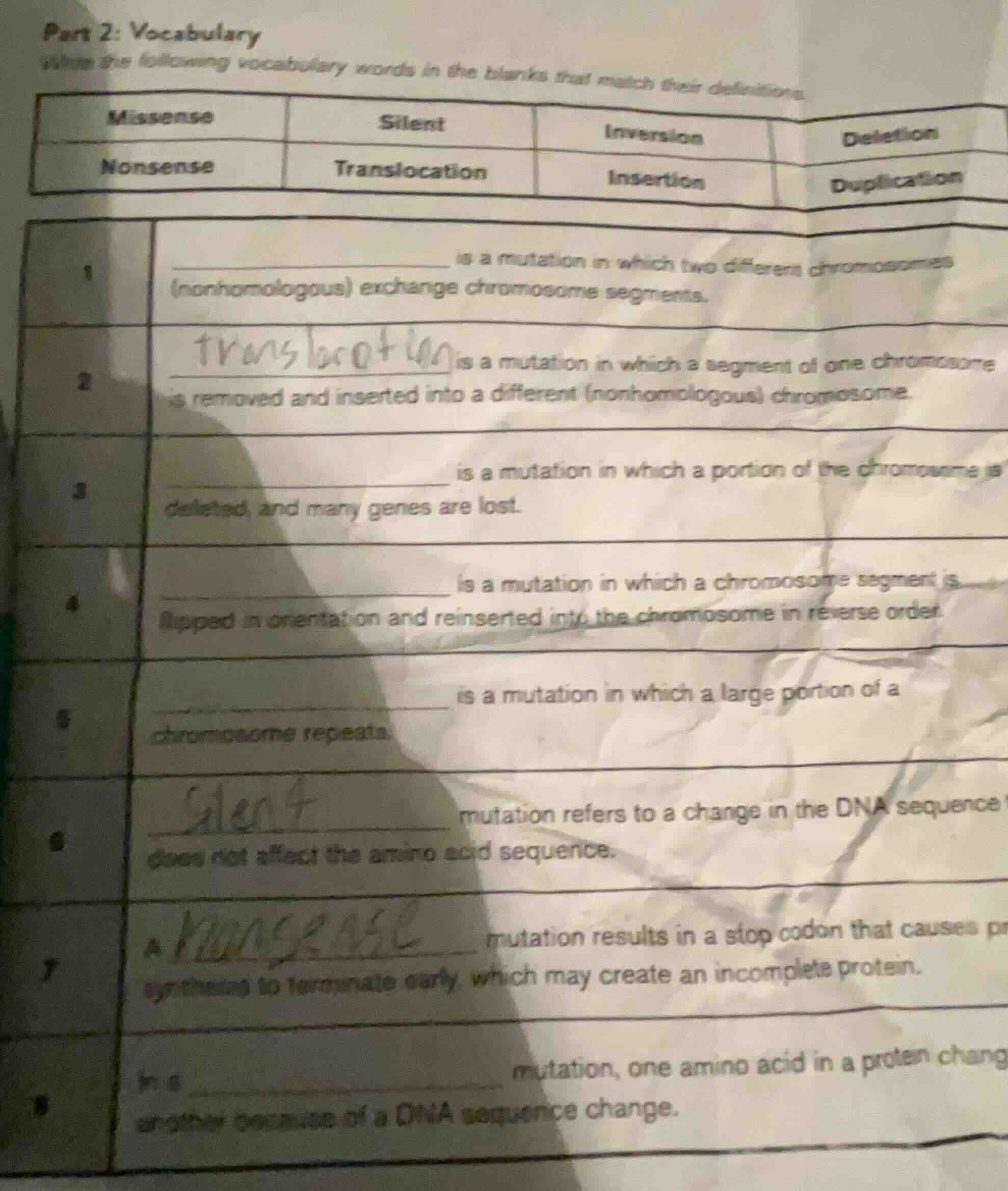 part 2: vocabulary write the following vocabulary words in the blanks t…