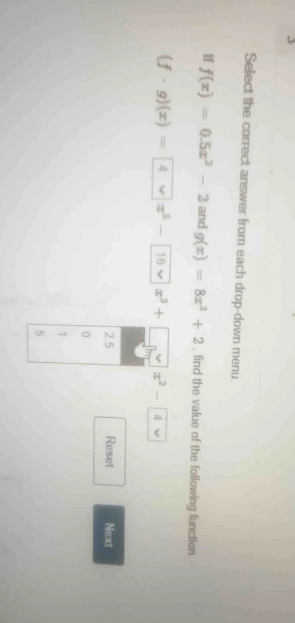select the correct answer from each drop-down menu. if $f(x) = 0.5x^2 -…