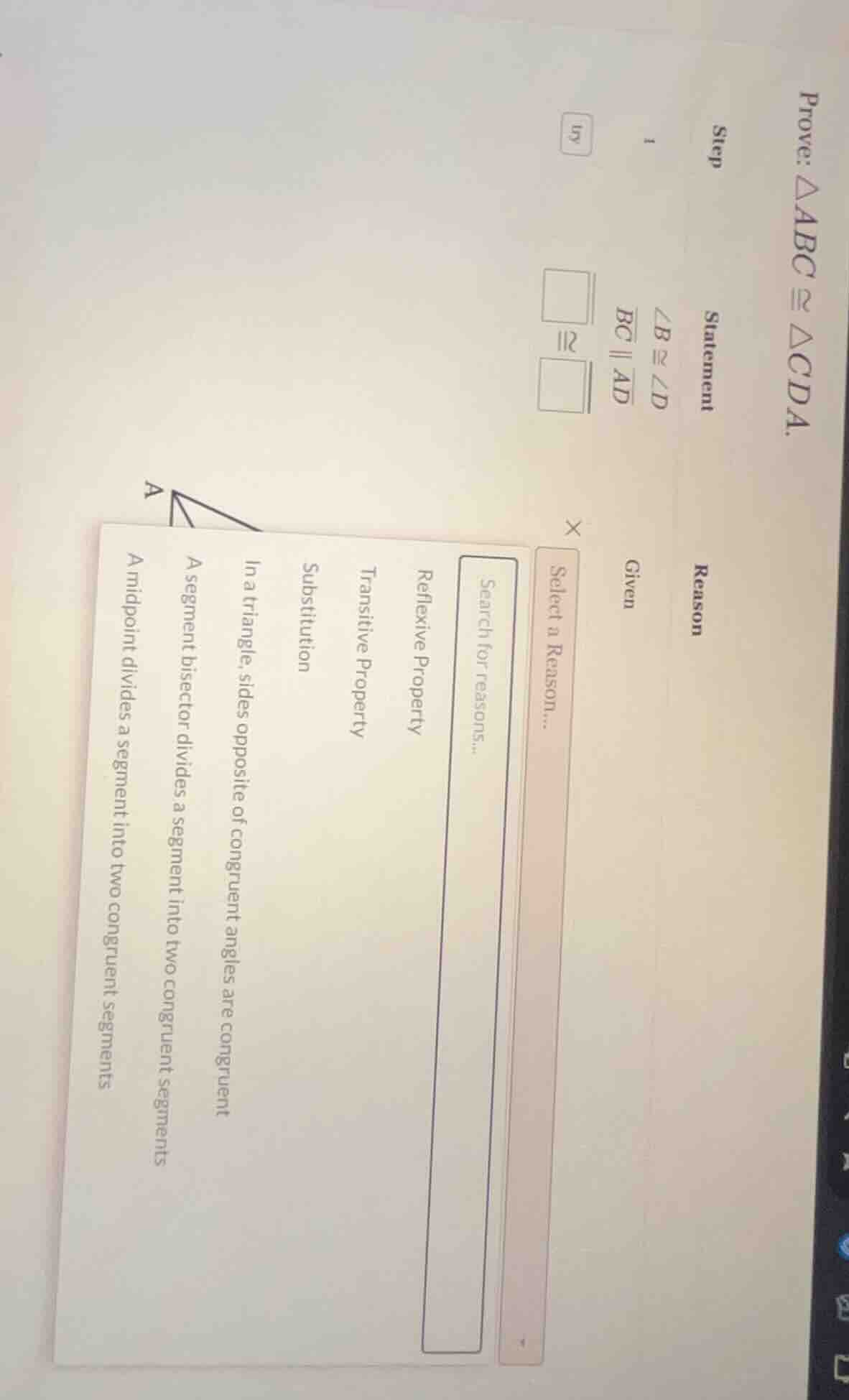 prove: $\triangle abc cong \triangle cda$.step 1statement$angle b cong …