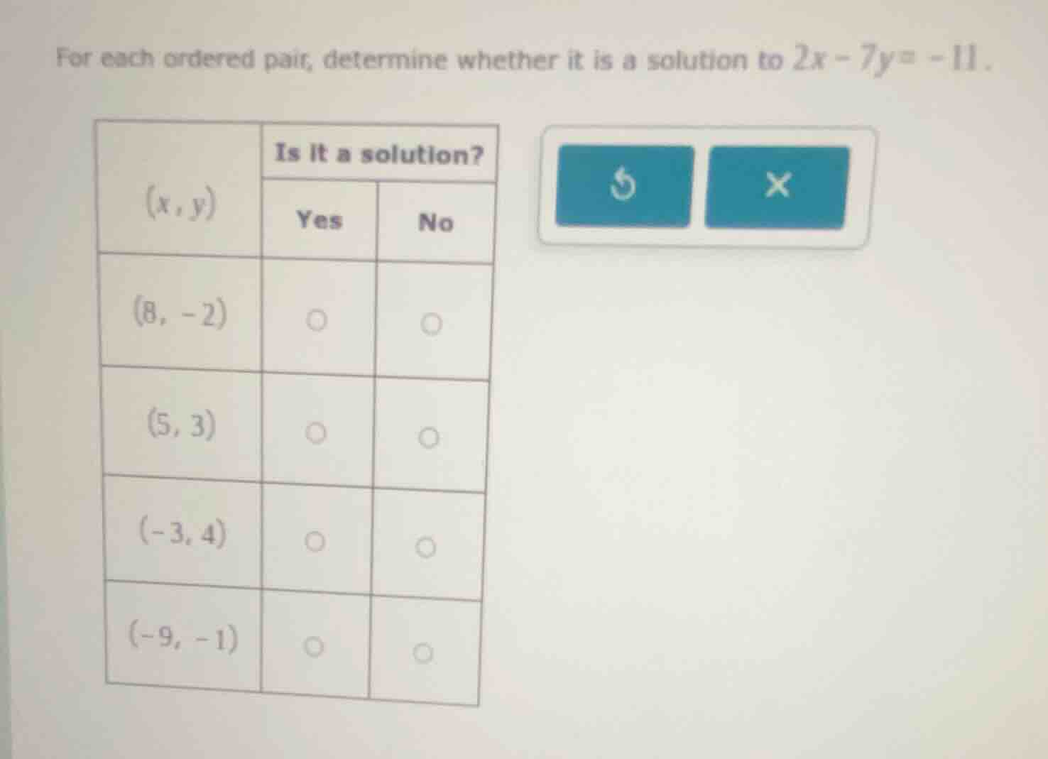 for each ordered pair, determine whether it is a solution to $2x - 7y =…
