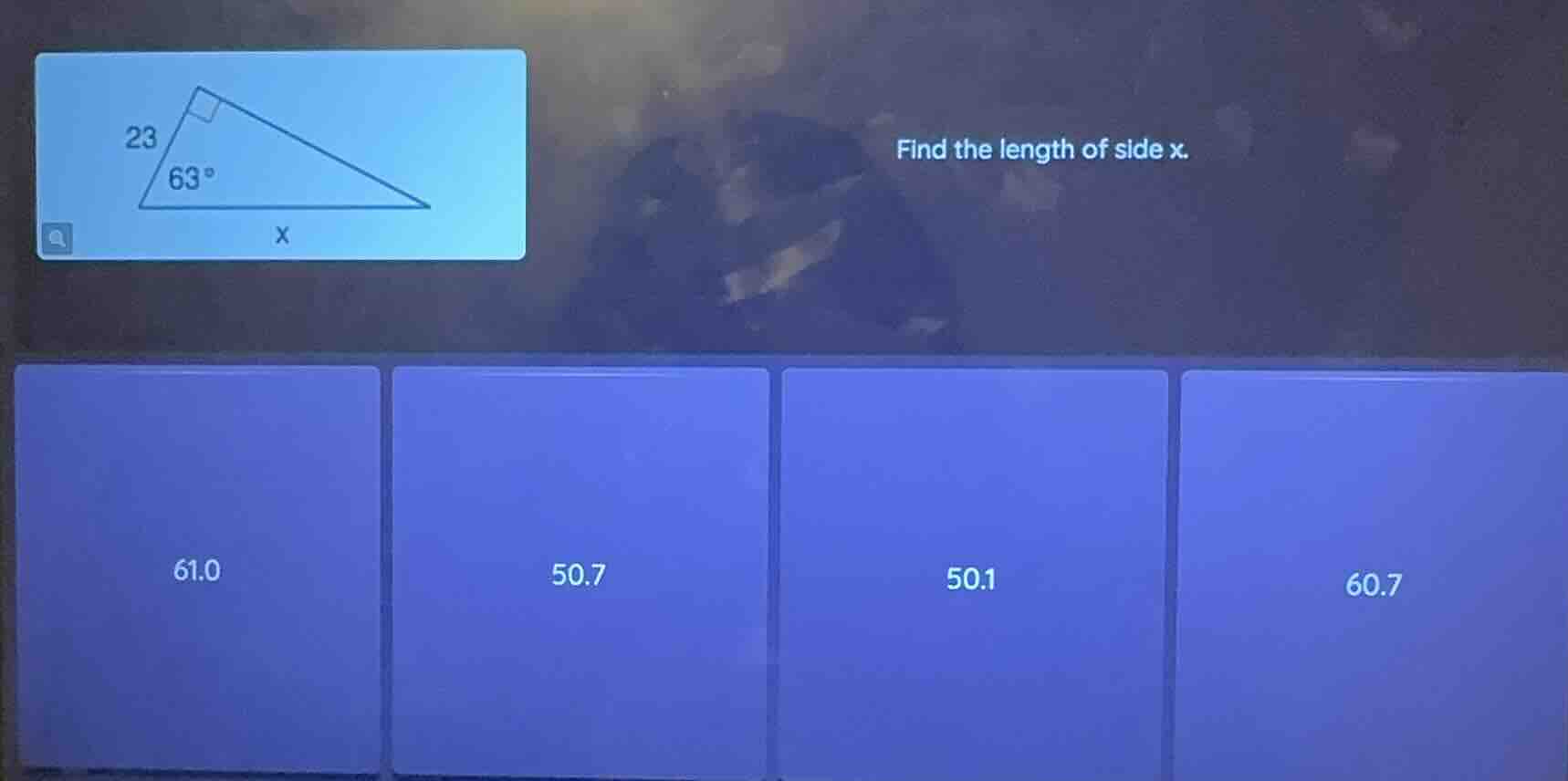 find the length of side x. in a right triangle, one side is 23, one acu…