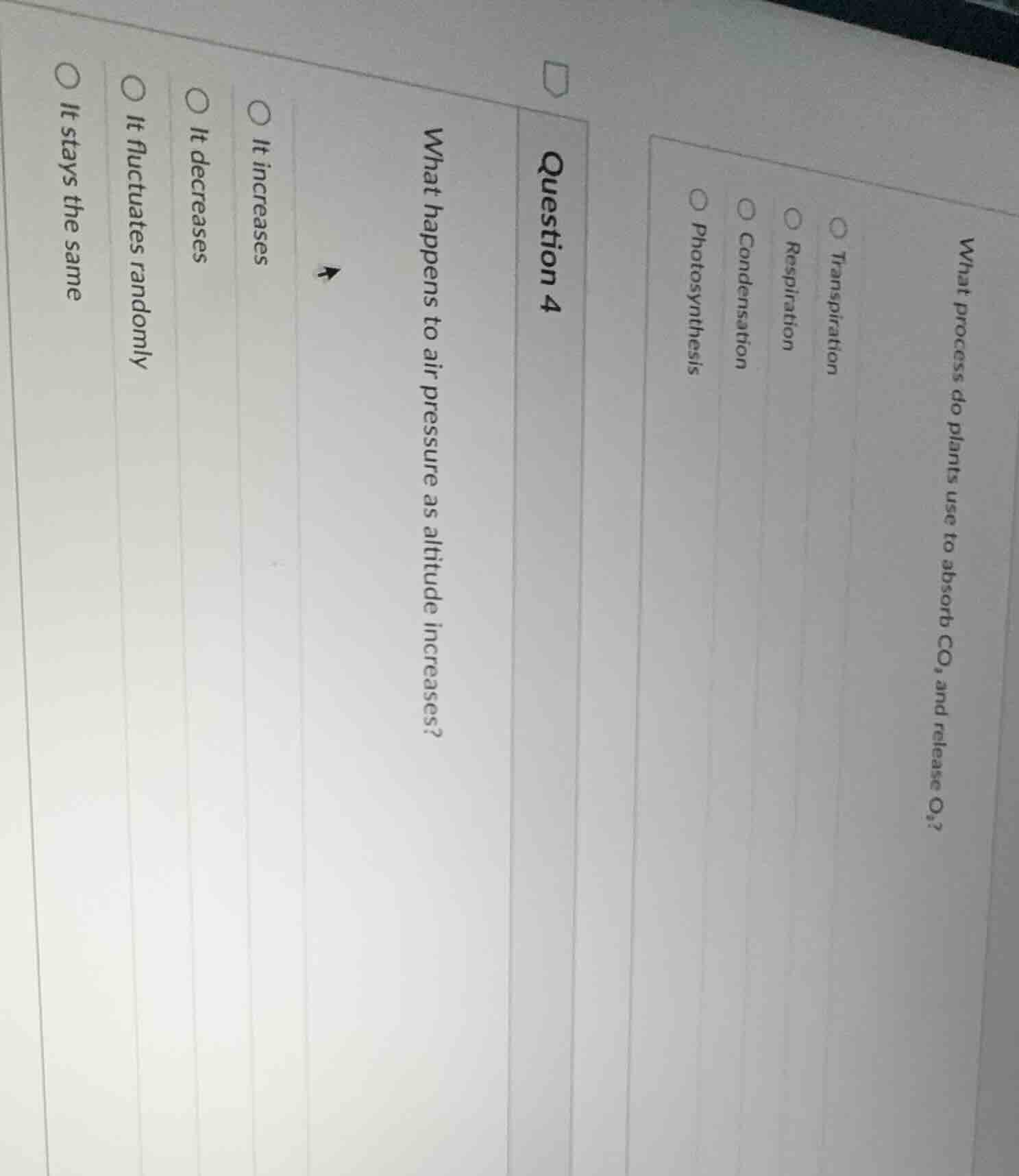 what process do plants use to absorb co₂ and release o₂? ○ transpiratio…