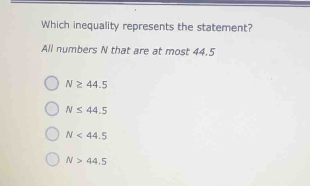 which inequality represents the statement? all numbers n that are at mo…