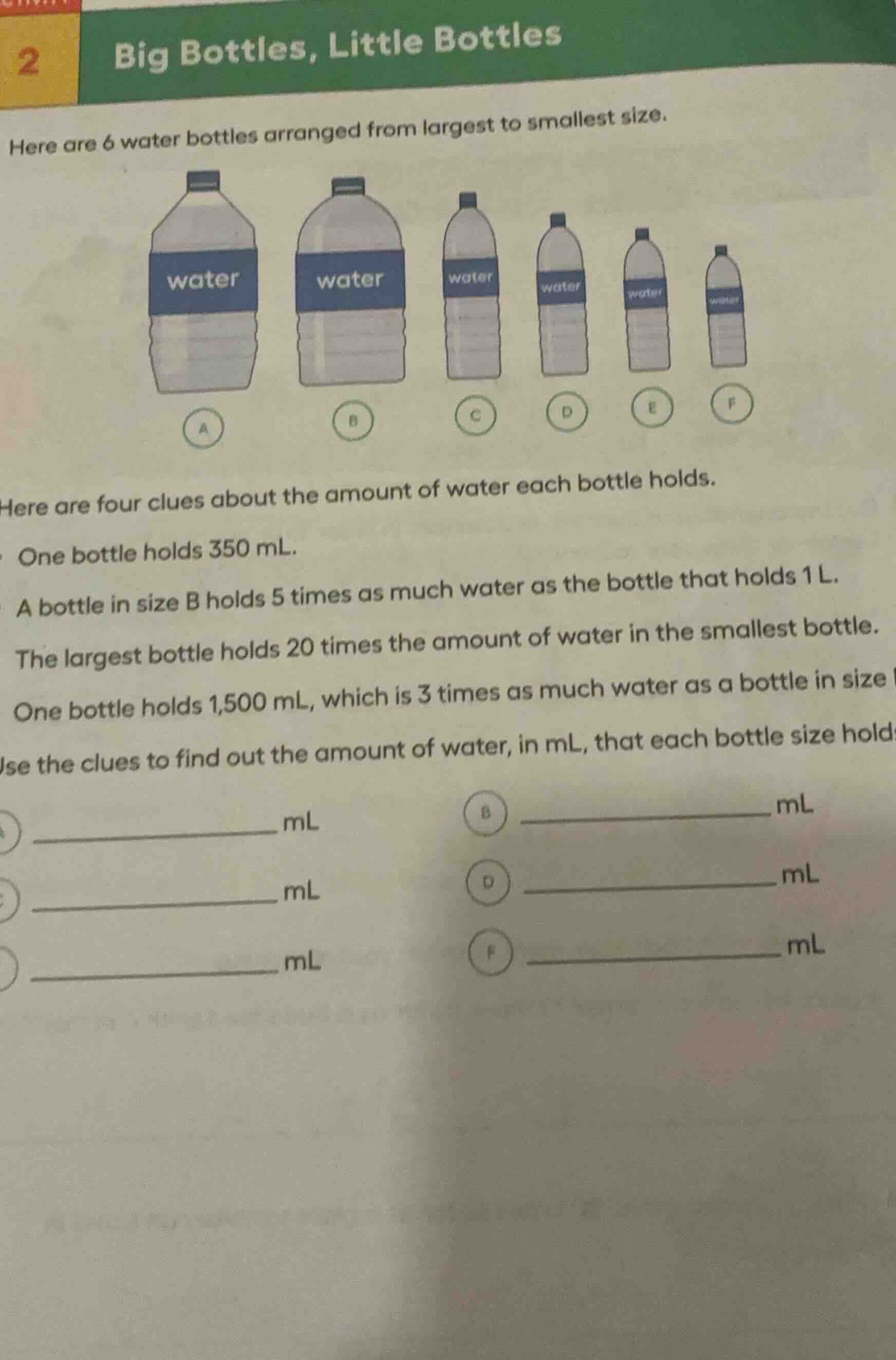 2 big bottles, little bottles here are 6 water bottles arranged from la…