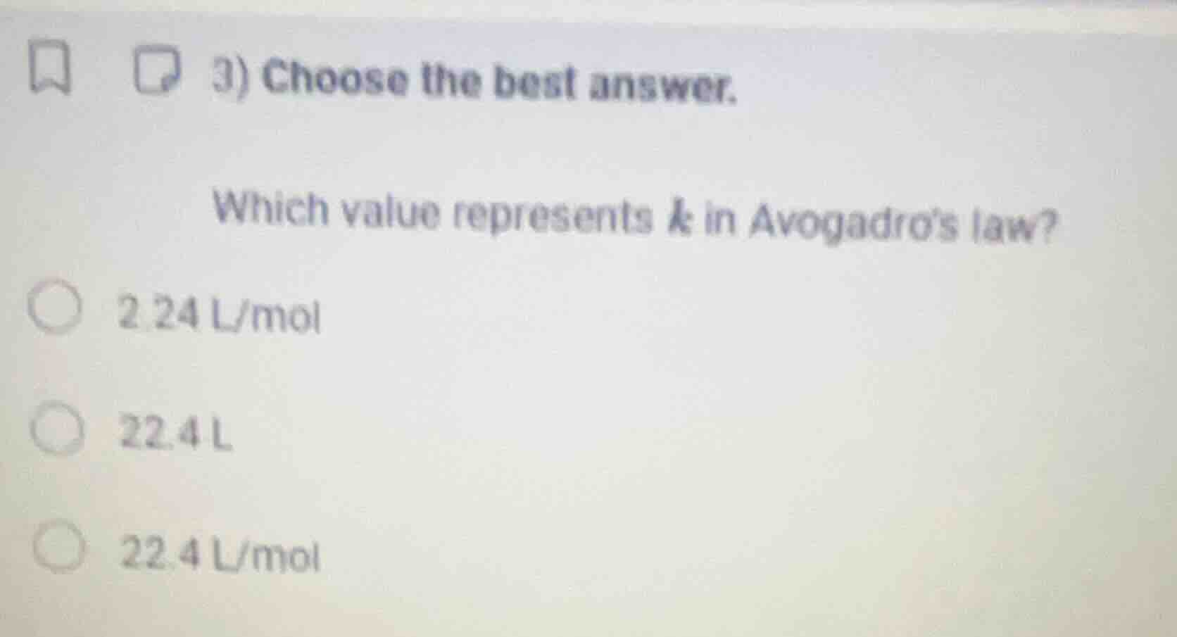 3) choose the best answer. which value represents $k$ in avogadros law?…