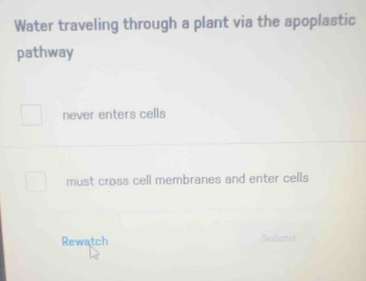water traveling through a plant via the apoplastic pathway never enters…