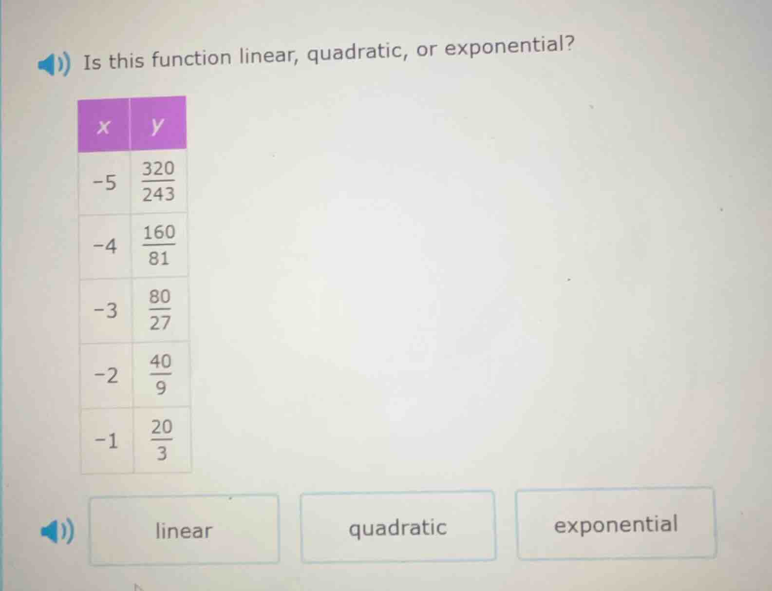 is this function linear, quadratic, or exponential? | x | y | | -5 | $\…