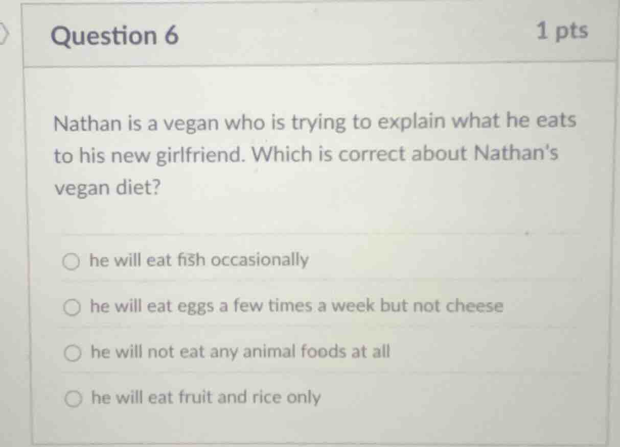question 6 1 pts nathan is a vegan who is trying to explain what he eat…