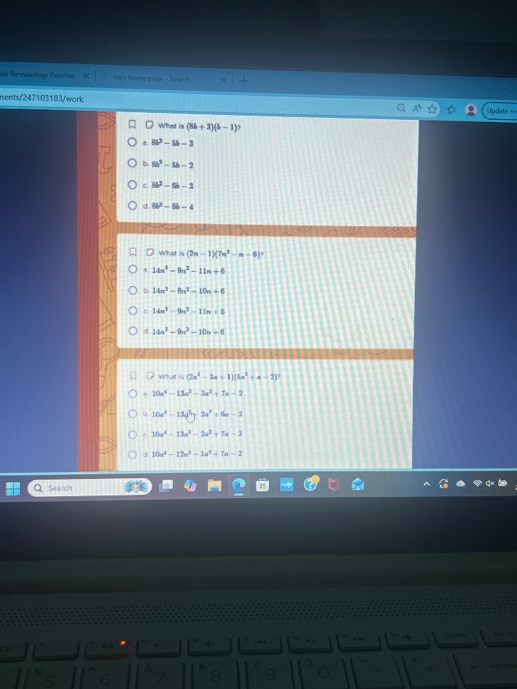 what is $(8b + 3)(b - 1)?$ ○ a. $8b^{2}-5b - 3$ ○ b. $8b^{2}-5b - 2$ ○ …