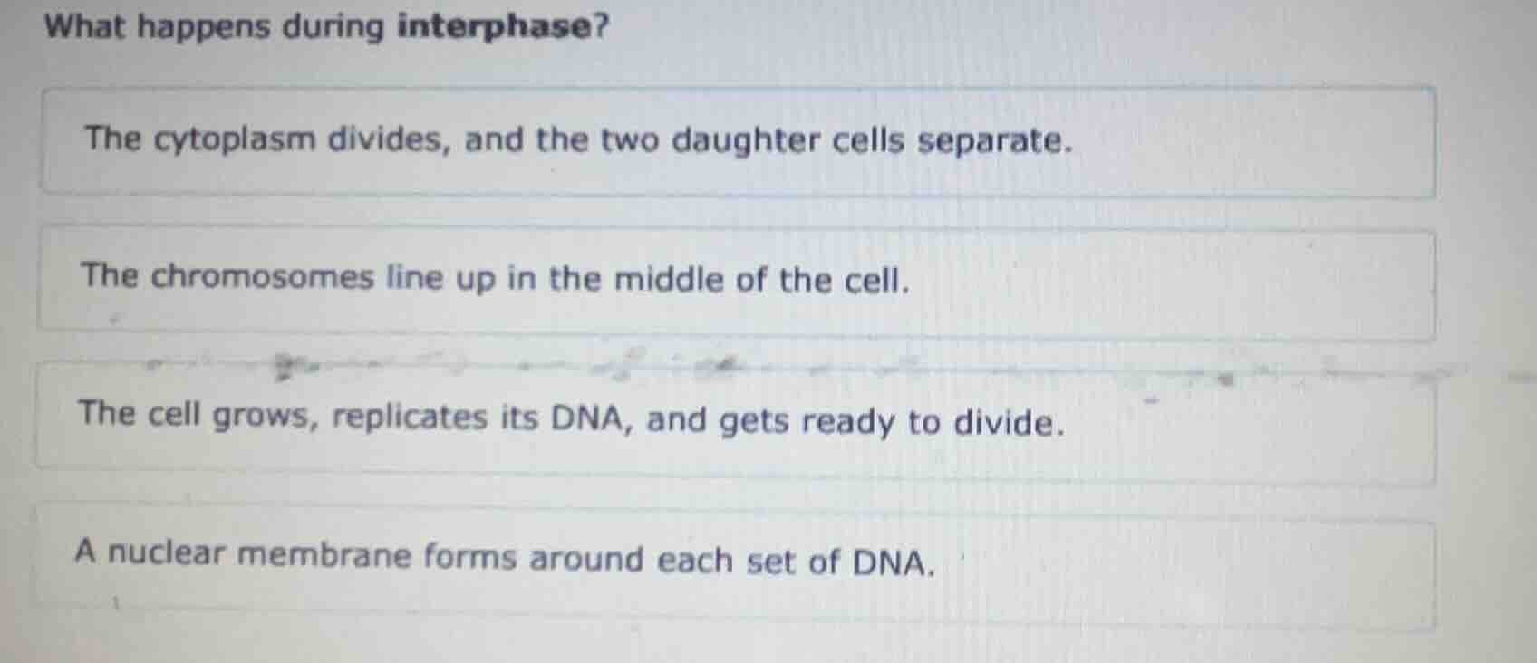 what happens during interphase? the cytoplasm divides, and the two daug…