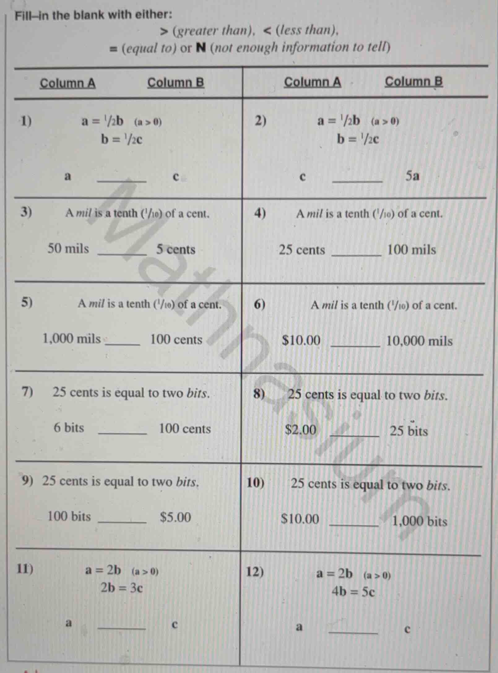 fill-in the blank with either: > (greater than), < (less than), = (equa…