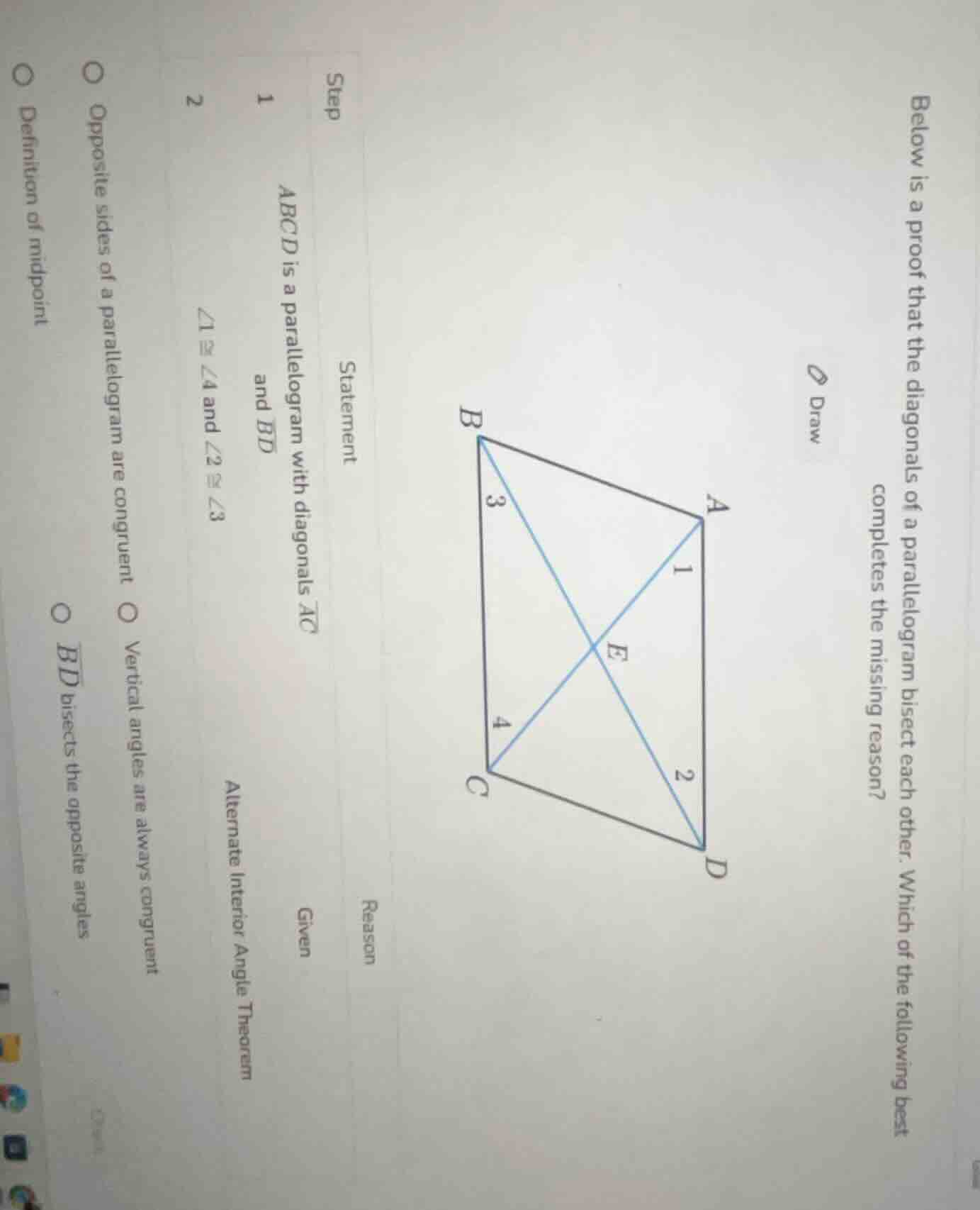 below is a proof that the diagonals of a parallelogram bisect each othe…