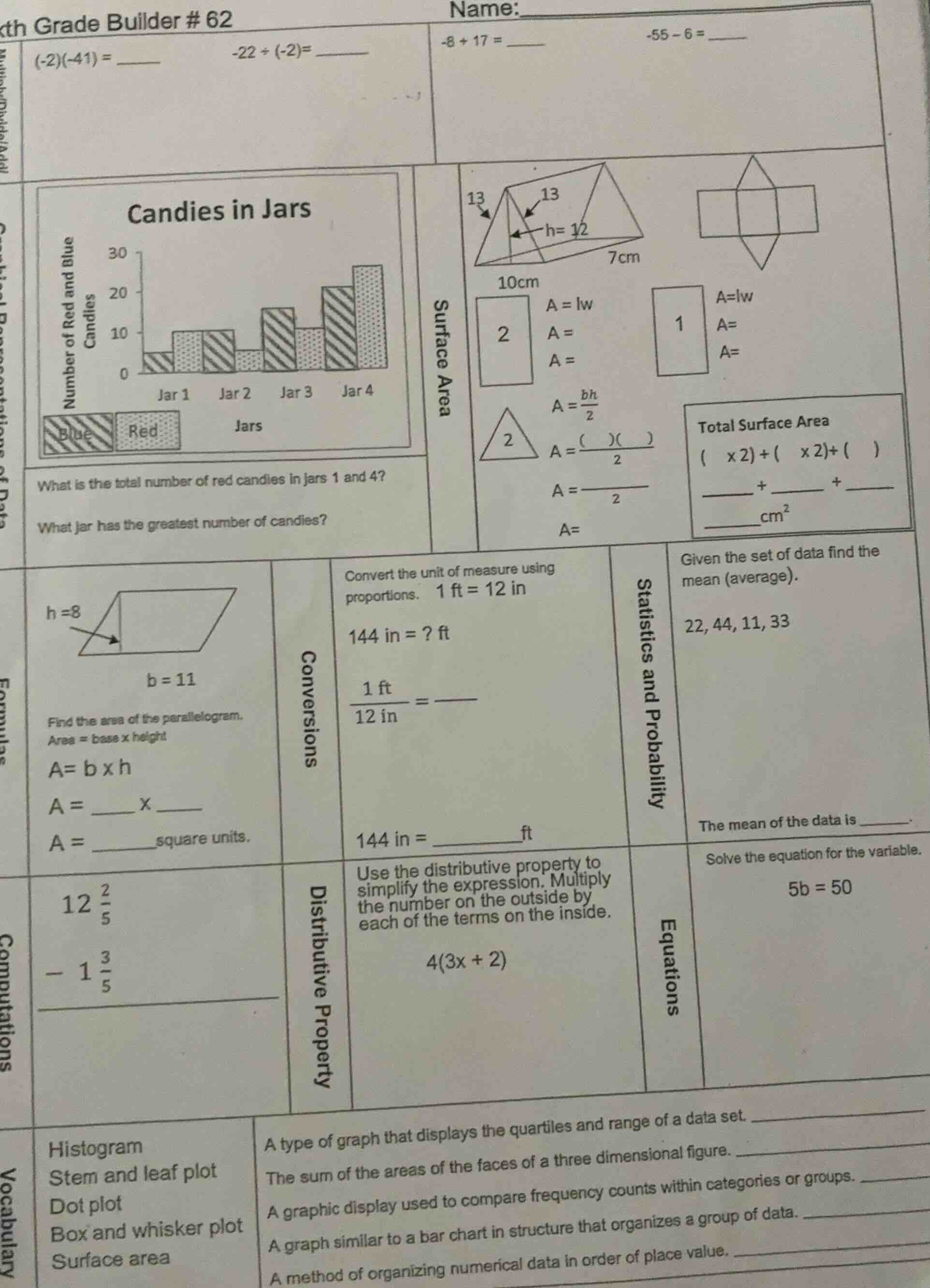 th grade builder # 62 name: $(-2)(-41) = $ $-22 \\div (-2)=$ $-8 + 17 =…