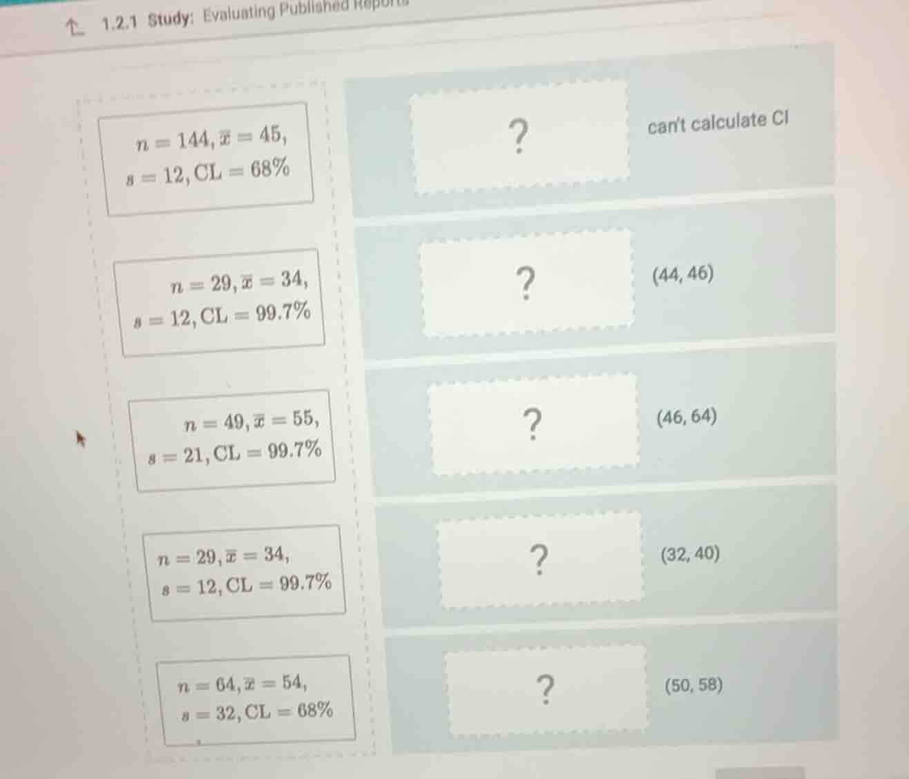 1.2.1 study: evaluating published reports 1. $n = 144, \\bar{x} = 45, s…