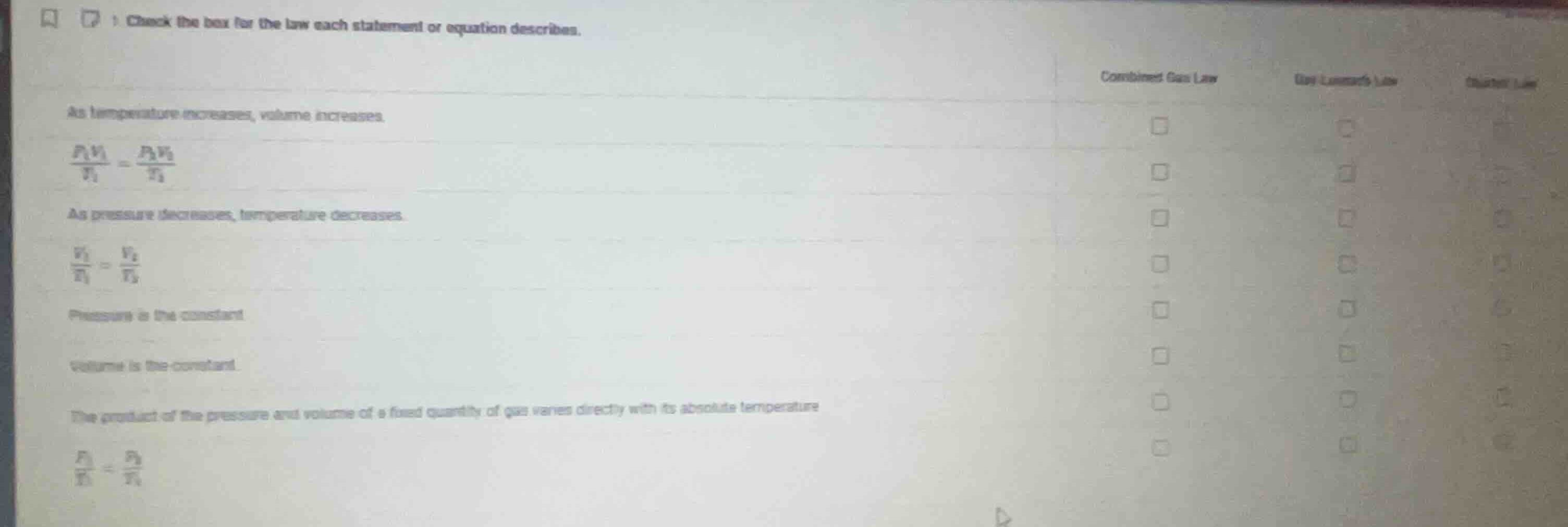 check the box for the law each statement or equation describes. combine…