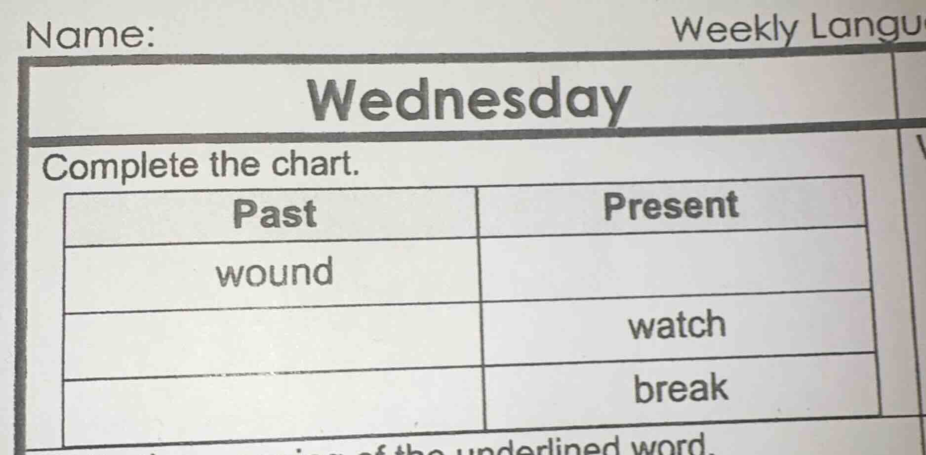 name: weekly langu wednesday complete the chart. past\tpresent wound\t …