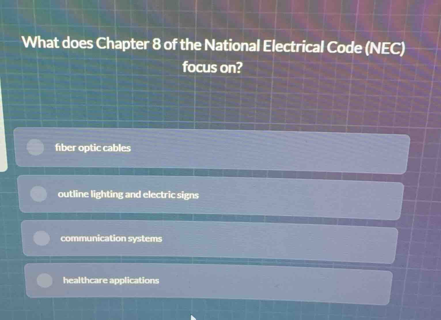 what does chapter 8 of the national electrical code (nec) focus on? fib…