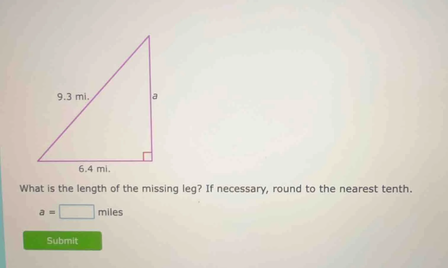 what is the length of the missing leg? if necessary, round to the neare…
