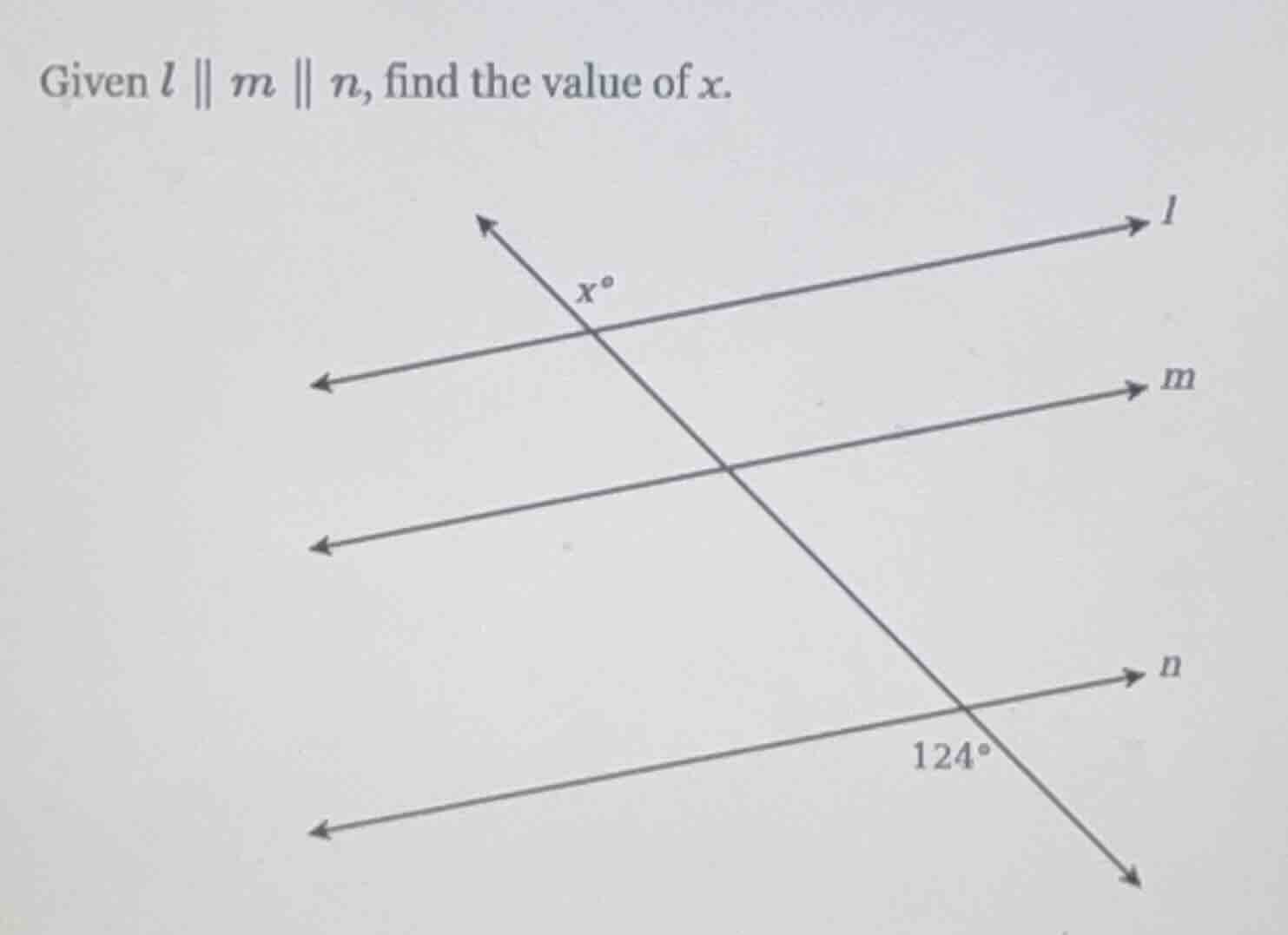 given $l \\parallel m \\parallel n$, find the value of $x$.