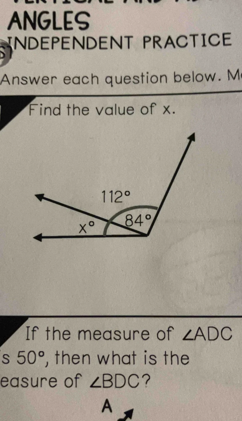 angles independent practice answer each question below. m find the valu…