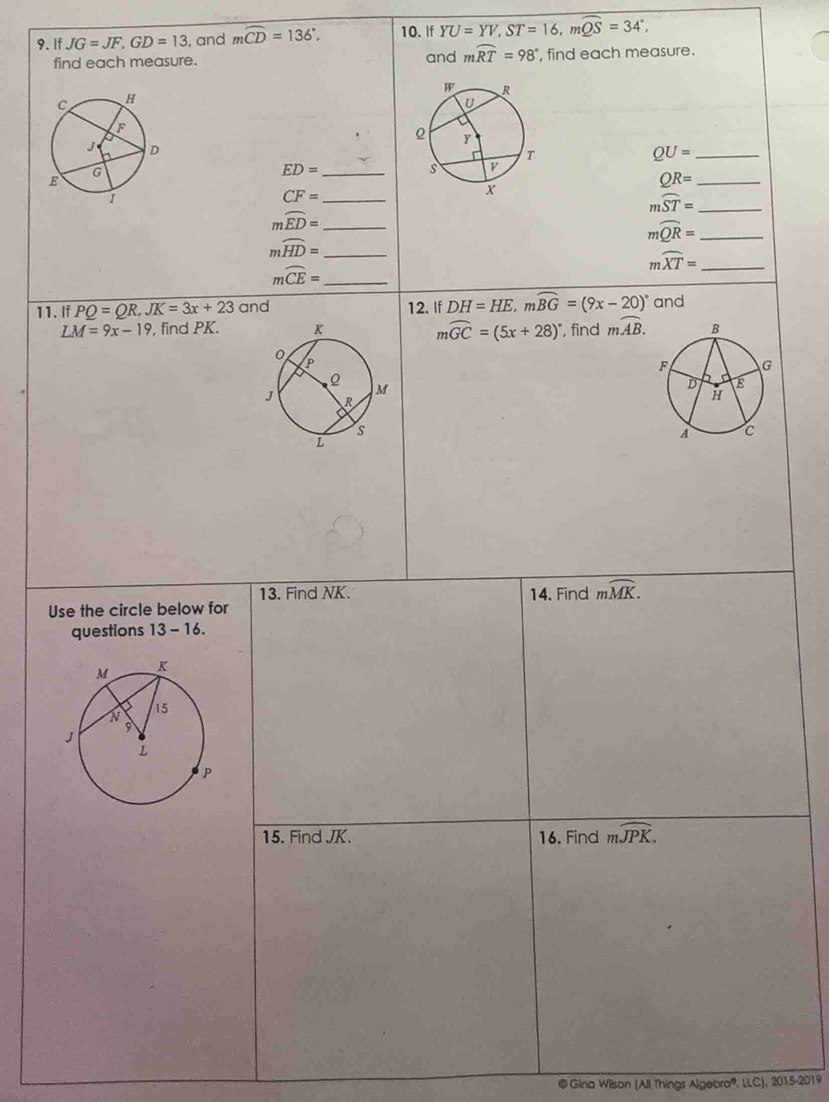 9. if $jg = jf$, $gd = 13$, and $m\\widehat{cd} = 136^\\circ$, find eac…